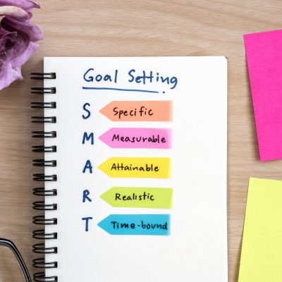 Hand writing definition for smart goal setting on notebook with eye glasses, purple rose and colorful sticky note on desk